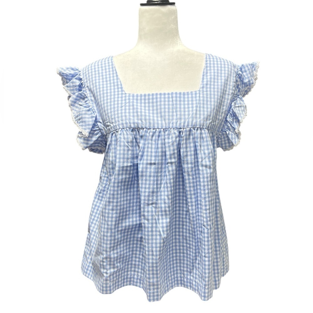 🆕 LIL CACTUS Gingham Plaid Flutter Sleeves Blouse